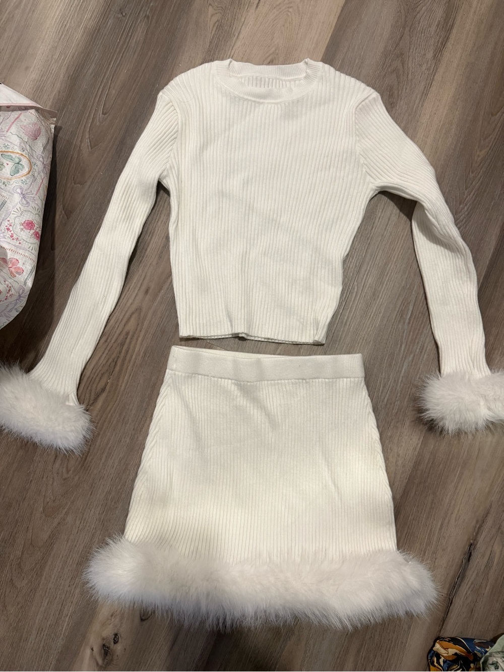 Cream Ribbed Mini Skirt with Faux Fur Trim